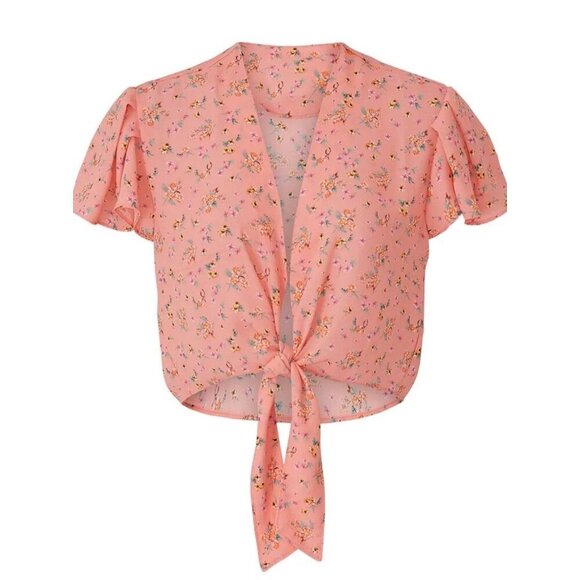 Color Me Courtney 8 Ellie Top Crop Pink Floral Tie Front Flutter Feminine Fairy - Picture 1 of 11